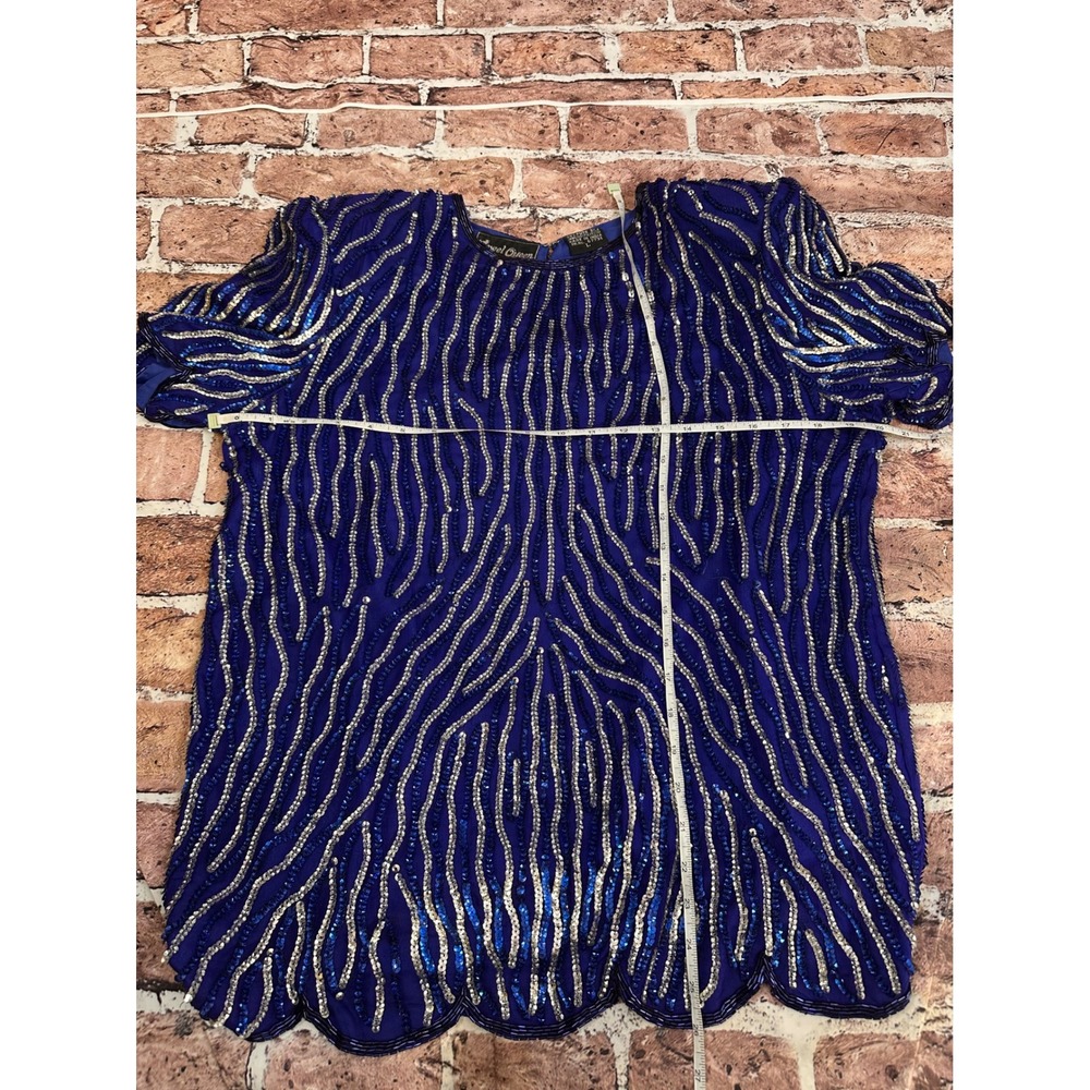 Jewel Queen Vintage Royal Blue Beaded Silk Sequin Evening Top Short Sleeve L - Picture 13 of 15